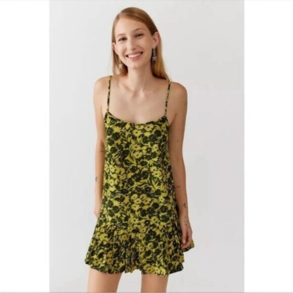 Urban Outfitters | Camille Mini Frock Dress Yellow Green Digitized Floral Print - Picture 8 of 16